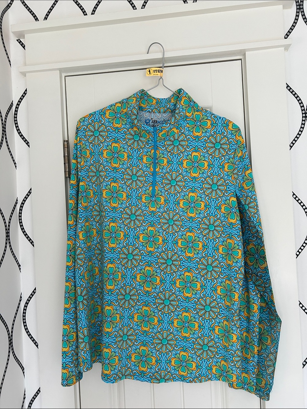 IBKUL Teal Floral Zip-Front Top with Yellow Accents